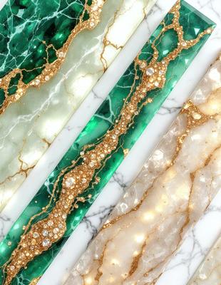 The primary subject of the image is a row of three marble tiles with gold accents. The setting is a marble countertop, and the visual style is a close-up of the tiles. The colors and mood of the image are predominantly gold and white, giving it a luxurious and elegant appearance.