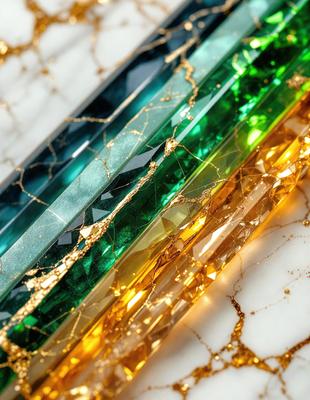 The primary subject of the image is a row of three different colored glass pieces, each with a unique pattern. The setting is a white background, and the visual style appears to be a combination of photo and digital art. The colors and mood of the image are vibrant and lively, with the gold, green, and blue colors creating a sense of warmth and energy.