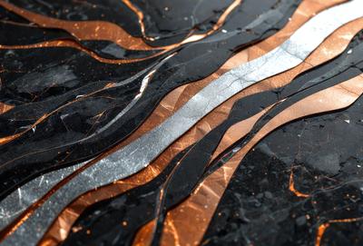 The primary subject of the image is a close-up of a piece of metal, possibly a piece of copper, with a patterned design. The setting is a black background, which contrasts with the metal piece. The visual style appears to be a combination of a photo and a digital art or illustration, as the metal piece has a textured and patterned appearance. The colors in the image are predominantly black and orange, creating a striking contrast between the metal and its surroundings. The overall atmosphere of the image is