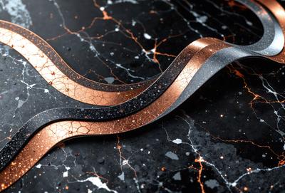 The primary subject of the image is a pair of metallic, possibly copper, scissors. The scissors are placed on a black marble surface, which serves as the setting or background. The visual style of the image is a close-up of the scissors, showcasing their details and texture. The colors and mood of the image are dark and dramatic, with the contrast between the metallic scissors and the black marble surface creating a striking visual effect.