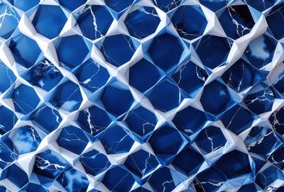 The primary subject of the image is a blue and white patterned wall. The setting is a room with a blue and white marble-like wallpaper. The visual style is a close-up of the wallpaper, showcasing the intricate design. The dominant colors are blue and white, creating a calm and soothing atmosphere.