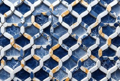 The primary subject of the image is a blue and yellow tile pattern. The setting is a wall with a blue and yellow tile pattern. The visual style is a close-up of the tile pattern. The dominant colors are blue and yellow, creating a vibrant and lively atmosphere.