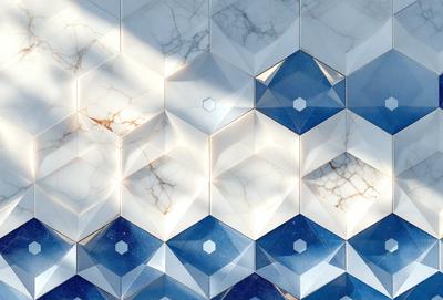 The primary subject of the image is a large, intricate, and colorful marble wall. The setting is a room with a marble wall, and the visual style is a combination of photo and digital art. The colors and mood of the image are vibrant and lively, with a focus on the marble wall's unique patterns and textures.