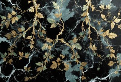 The primary subject of the image is a decorative wallpaper featuring a design of leaves and branches. The setting is a black background, which contrasts with the gold and green colors of the wallpaper. The visual style is a combination of digital art and illustration, creating a unique and intricate pattern. The overall atmosphere is elegant and sophisticated, with the gold and green colors evoking a sense of nature and luxury.