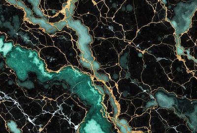 The primary subject of the image is a marble countertop with a gold-colored vein running through it. The setting is a kitchen, and the visual style is a close-up of the marble countertop. The colors and mood of the image are predominantly black and gold, giving it a luxurious and elegant appearance.