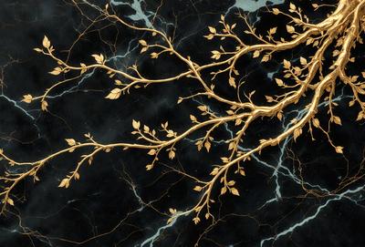 The primary subject of the image is a gold tree branch with leaves, which is the main object, scene, or focus of the image. The setting is a black background, and the visual style is a digital art or illustration. The dominant colors are gold and black, creating a contrasting and elegant atmosphere.