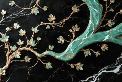 The primary subject of the image is a tree with gold and green leaves, which is painted on a black background. The tree has a gold and green color scheme, giving it a vibrant and lively appearance. The setting is a black background, which contrasts with the tree's colors, making it the focal point of the image. The visual style is a painting, which showcases the artist's skill in creating a realistic and detailed representation of the tree. The overall atmosphere of the image is lively and captiv