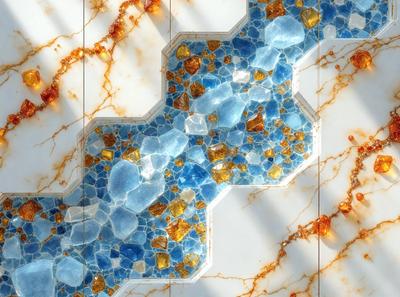 The primary subject of the image is a blue and yellow mosaic tile. The setting is a white wall, and the visual style is a close-up of the tile. The dominant colors are blue and yellow, creating a vibrant and lively atmosphere.