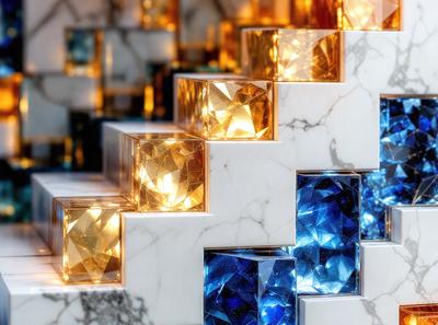 The primary subject of the image is a large, multi-layered display of blue and yellow crystals. The setting is a white marble surface, which serves as the background for the display. The visual style of the image is a combination of photo and digital art, creating a unique and eye-catching presentation. The dominant colors in the image are blue and yellow, giving the display a vibrant and lively atmosphere.