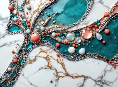The primary subject of the image is a beautifully crafted piece of artwork featuring a tree design. The setting is a marble table, and the visual style is a combination of digital art and illustration. The colors and mood of the image are predominantly blue and green, creating a serene and calming atmosphere. The artwork is adorned with various beads and jewels, adding a touch of elegance and sophistication to the overall design.