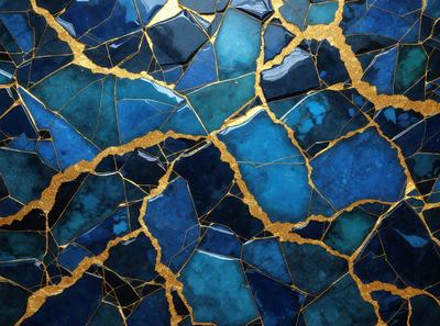 The primary subject of the image is a blue and gold mosaic tile. The setting is a blue and gold tile wall, which serves as the backdrop for the mosaic. The visual style is a close-up of the mosaic tile, showcasing its intricate design. The colors and mood of the image are predominantly blue and gold, creating a warm and inviting atmosphere.