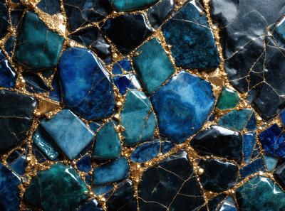 The primary subject of the image is a blue and gold mosaic tile. The setting is a wall with a blue and gold patterned tile. The visual style is a close-up of the tile, showcasing its intricate design. The colors and mood of the image are predominantly blue and gold, creating a warm and inviting atmosphere.