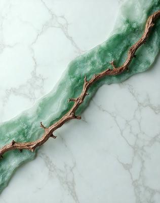The primary subject of the image is a branch with green leaves, which is placed on a white marble surface. The setting appears to be a countertop or a similar surface. The visual style of the image is a close-up of the branch, showcasing its details. The colors in the image are predominantly green, which gives the scene a natural and fresh atmosphere.
