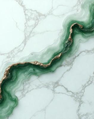 The primary subject of the image is a marble countertop with a green and gold striped pattern. The setting is a white marble countertop, and the visual style is a close-up of the marble surface. The colors and mood of the image are predominantly white and gold, giving it a luxurious and elegant appearance.