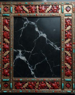 The primary subject of the image is a marble frame with a black background. The frame is adorned with red and gold decorations, giving it a luxurious and elegant appearance. The setting is a decorative piece, likely used as a wall hanging or a table centerpiece. The visual style is a combination of digital art and traditional craftsmanship, resulting in a unique and eye-catching design. The colors and mood of the image are predominantly black and red, creating a bold and striking contrast