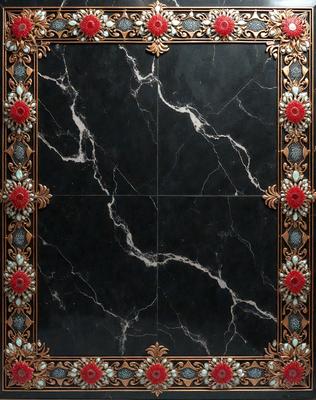 The primary subject of the image is a marble table with a black marble top. The table is adorned with a decorative design, featuring a pattern of red flowers. The setting is a room with a black marble wall, which complements the table's design. The visual style of the image is a combination of photo and digital art, creating a unique and elegant appearance. The colors and mood of the image are predominantly black and red, giving it a sophisticated and luxurious feel.