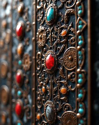 The primary subject of the image is a decorative metal piece featuring a combination of red, orange, and green colors. The setting is a black background, which contrasts with the vibrant colors of the metal piece. The visual style appears to be a mix of digital art and illustration, as the piece is intricately designed and features a patterned texture. The overall atmosphere is lively and eye-catching, with the colors and patterns creating a sense of depth and visual interest.