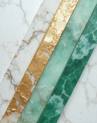 The primary subject of the image is a strip of gold, green, and blue fabric. The setting is a white marble countertop, and the visual style is a close-up of the fabric. The colors and mood of the image are predominantly white and neutral, with the gold, green, and blue fabric adding a touch of vibrancy to the scene.