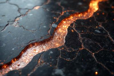 The primary subject of the image is a crack in a black surface, possibly a stone or a piece of concrete. The crack is illuminated by a bright light, creating a striking contrast between the dark background and the light. The visual style of the image appears to be a photo, as it captures the details of the crack and the light source. The colors and mood of the image are predominantly dark, with the bright light creating a dramatic and intense atmosphere.