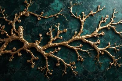The primary subject of the image is a gold tree branch with a green background. The visual style appears to be a photo, and the colors and mood suggest a sense of natural beauty and elegance.