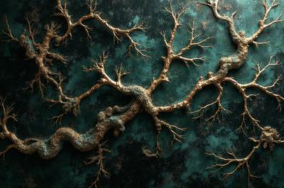 The primary subject of the image is a tree branch with a blue background. The setting appears to be a dark, moody environment. The visual style is a close-up of the tree branch, which gives the image a textured and detailed appearance. The dominant colors are blue and green, creating a serene and mysterious atmosphere.