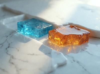 The primary subject of the image is a blue and orange square-shaped block of ice. The setting is a white marble countertop, and the visual style is a photo. The colors and mood of the image are predominantly blue and orange, creating a vibrant and warm atmosphere.