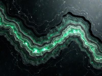 The primary subject of the image is a green, curved, and textured rock formation. The setting is a dark, possibly black, background, which contrasts with the vibrant green color of the rock. The visual style appears to be a combination of a photo and digital art, as the rock formation has a unique and intricate design. The colors and mood of the image are predominantly dark and moody, with the green rock standing out as the focal point.