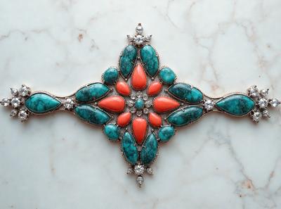 The primary subject of the image is a decorative piece featuring a blue and orange design. The setting is a marble surface, which serves as the backdrop for the piece. The visual style of the image is a close-up of the decorative piece, showcasing its intricate details. The dominant colors in the image are blue and orange, creating a vibrant and eye-catching atmosphere.