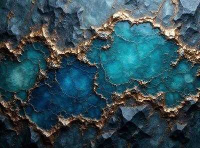 The primary subject of the image is a close-up of a blue and gold rock, possibly a piece of coral, with a blue and gold background. The visual style appears to be a combination of a photo and digital art, creating a unique and intriguing appearance. The colors and mood of the image are predominantly blue and gold, giving it a warm and vibrant atmosphere.