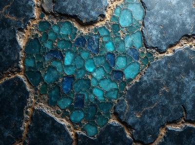 The primary subject of the image is a blue and green mosaic tile. The setting is a wall with a cracked surface, and the visual style is a close-up of the tile. The colors and mood of the image are predominantly blue and green, creating a calm and soothing atmosphere.