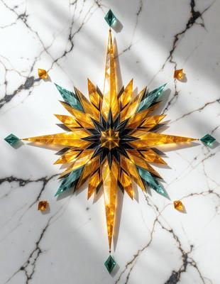 The primary subject of the image is a colorful, geometric star made of glass. The star is placed on a marble surface, which serves as the setting and background of the scene. The visual style of the image is a combination of photo and digital art, creating a vibrant and eye-catching design. The dominant colors in the image are yellow, green, and orange, giving the star a warm and lively appearance.