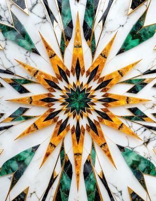 The primary subject of the image is a large, intricate, and colorful design, likely a mosaic or a pattern, featuring a mix of green, yellow, and black colors. The setting is a white marble surface, which serves as the background for the vibrant and eye-catching design. The visual style of the image is a combination of digital art and illustration, showcasing the artist's skill in creating a captivating and detailed pattern. The overall atmosphere of the image is lively and eng