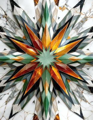 The primary subject of the image is a colorful, geometric star made up of various shapes and colors. The star is the main focus of the image, and it is set against a backdrop of a marble surface. The visual style of the image is a combination of photo and digital art, creating a vibrant and eye-catching pattern. The dominant colors in the image are green, orange, and yellow, giving the star a lively and cheerful appearance.