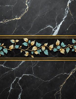 The primary subject of the image is a decorative design featuring a leafy green vine with yellow leaves. The design is set against a black marble background, giving it a sophisticated and elegant appearance. The visual style of the image is a combination of digital art and illustration, creating a unique and eye-catching pattern. The colors and mood of the image are predominantly green and yellow, with a touch of black, giving it a fresh and lively atmosphere.