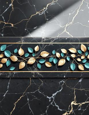 The primary subject of the image is a decorative piece featuring a tree design. The setting is a black marble countertop, and the visual style appears to be a combination of digital art and illustration. The dominant colors in the image are black and gold, creating a sophisticated and elegant atmosphere.