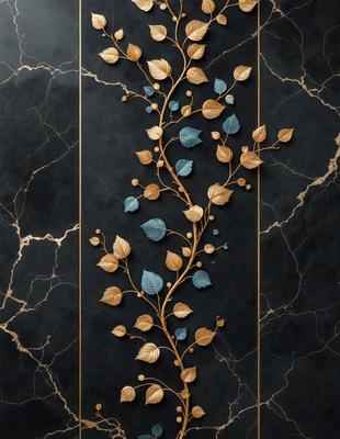 The primary subject of the image is a decorative design featuring a tree with blue leaves and gold accents. The setting is a black marble wall, which serves as the backdrop for the artwork. The visual style is a combination of digital art and illustration, creating a unique and intricate design. The colors and mood of the image are predominantly blue and gold, giving it a sophisticated and elegant appearance.
