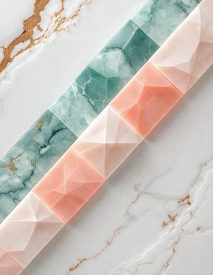 The primary subject of the image is a marble countertop with a strip of marble in different colors. The setting is a countertop, and the visual style is a close-up of the marble strip. The colors and mood of the image are predominantly pink and blue, creating a visually appealing and unique design.