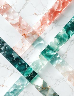 The primary subject of the image is a marble tile with a green and blue pattern. The setting is a white marble countertop, and the visual style is a close-up of the tile. The colors and mood of the image are predominantly green and blue, creating a calm and soothing atmosphere.