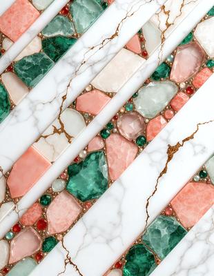 The primary subject of the image is a marble tile with a pink and green pattern. The setting is a white marble countertop, and the visual style is a close-up of the tile. The colors and mood of the image are predominantly pink and green, creating a warm and inviting atmosphere.