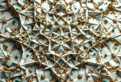 The primary subject of the image is a white and gold geometric pattern, which appears to be a three-dimensional design. The setting is a white background, and the visual style is a combination of digital art and illustration. The dominant colors are white and gold, creating a sense of elegance and sophistication.