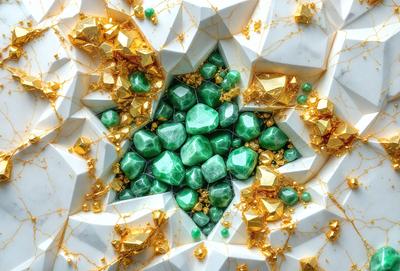 The primary subject of the image is a white and gold star-shaped ornament, which is made of gold and green gems. The setting is a white background, and the visual style appears to be a combination of digital art and illustration. The colors and mood of the image are predominantly white and gold, with the green gems adding a touch of vibrancy to the overall design.