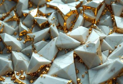 The primary subject of the image is a close-up of a white marble surface with gold specks. The setting is a patterned marble wall, and the visual style is a combination of photo and digital art. The dominant colors are white and gold, creating a luxurious and elegant atmosphere.
