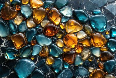 The primary subject of the image is a close-up of a variety of colored glass stones, including yellow, orange, and blue. The setting is a black background, which contrasts with the vibrant colors of the glass stones. The visual style is a close-up of the glass stones, showcasing their unique colors and textures. The overall atmosphere is lively and eye-catching, with the bright colors of the glass stones creating a visually appealing scene.