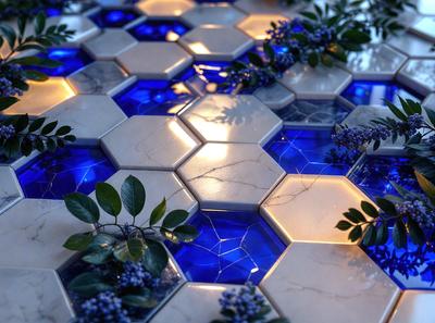 The primary subject of the image is a blue and white tile floor with a patterned design. The setting is a room with a blue and white tile wall. The visual style is a photo of a tile floor with a blue and white pattern. The colors and mood of the image are predominantly blue and white, creating a clean and modern atmosphere.