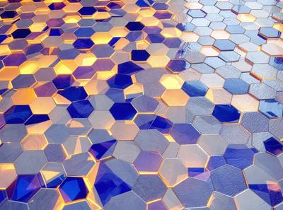 The primary subject of the image is a blue and yellow tile floor. The setting is a room with a blue and yellow tile floor, which is the main object, scene, or focus of the image. The visual style is a photo, and the colors and mood are predominantly blue and yellow, creating a warm and inviting atmosphere.