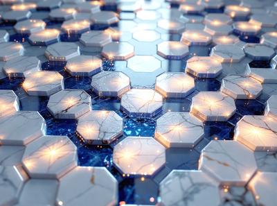 The primary subject of the image is a large, intricate tile floor with a blue background. The floor is covered with a pattern of hexagonal tiles, each containing a light source. The visual style of the image is a combination of photo and digital art, creating a unique and captivating design. The colors and mood of the image are predominantly blue, giving it a calm and serene atmosphere.