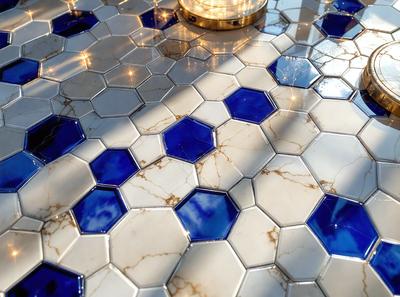 The primary subject of the image is a marble table with a blue and white tiled surface. The setting is a room with a blue and white tiled floor. The visual style is a photo of the marble table with a blue and white tiled surface. The colors and mood of the image are predominantly blue and white, creating a clean and elegant atmosphere.