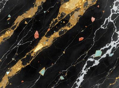The primary subject of the image is a black and gold marble pattern. The setting is a black and gold marble wall, which serves as the background. The visual style is a combination of digital art and illustration, creating a unique and intricate design. The dominant colors are black and gold, giving the image a luxurious and elegant appearance.