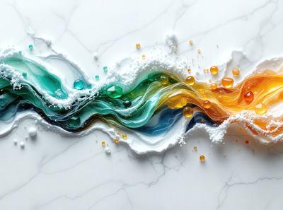 The primary subject of the image is a painting of a colorful wave. The wave is depicted in various shades of blue, green, and orange, creating a vibrant and dynamic scene. The setting is a white marble surface, which serves as the background for the painting. The visual style of the image is a combination of digital art and illustration, giving it a modern and artistic appearance. The colors and mood of the painting evoke a sense of energy and movement, as the wave seems to be in motion.