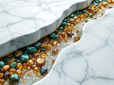 The primary subject of the image is a marble countertop with a variety of colored stones, including yellow, green, and blue, arranged on it. The setting is a kitchen or a similar environment, as the countertop is a part of a counter. The visual style is a close-up of the countertop, showcasing the intricate patterns and colors of the stones. The colors and mood of the image are vibrant and lively, with the various colors of the stones creating a visually appealing and inviting